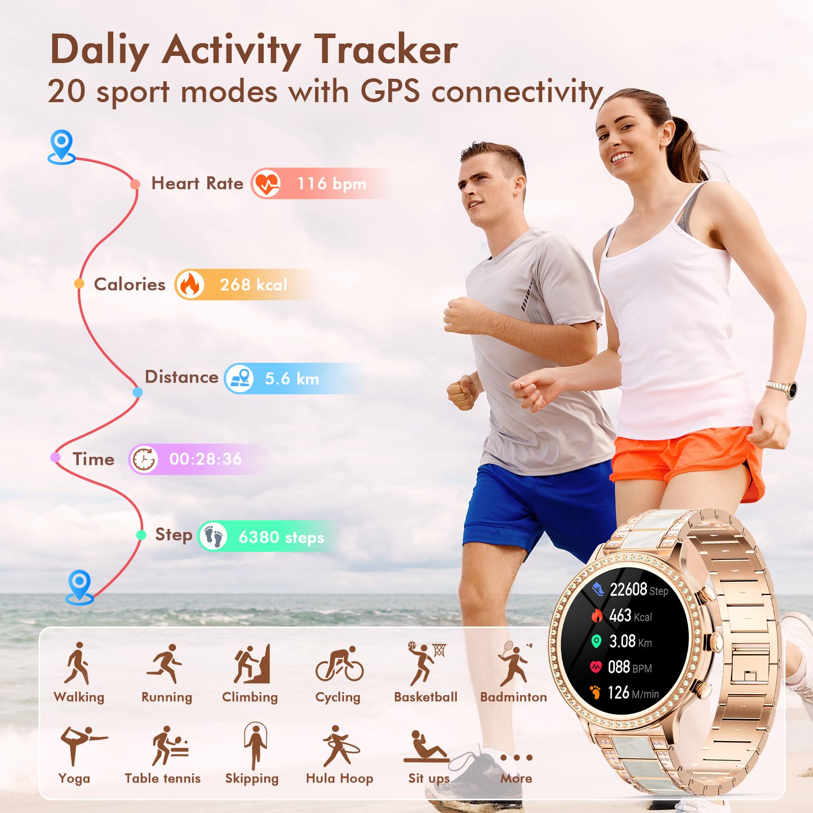 ZKCREATION Montre Connectée Intelligente Femme Appel - Smartwatch Zirconia Incrusté,Bluetooth 20 Modes Sports Fréquence Cardiaque,Sommeil,Podomètre pour Android iOS