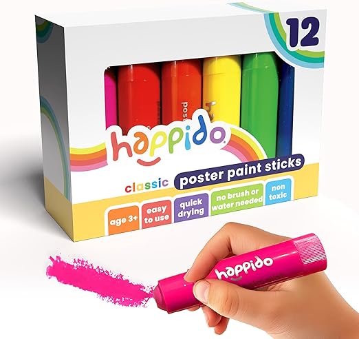 Happido Set of 12 Twistable Tempera Paint Sticks For Kids, Quick Drying, No Mess Back to School Supplies for Toddlers and Kids Ages 4-6 - CLASSIC COLORS