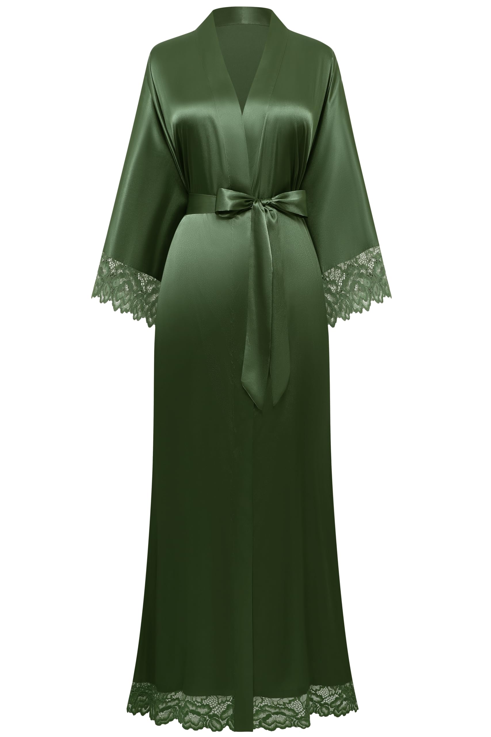 BABEYONDSatin Kimono Robe Silky Long Bridesmaid Wedding Lightweight Bath Robe with Lace Trim