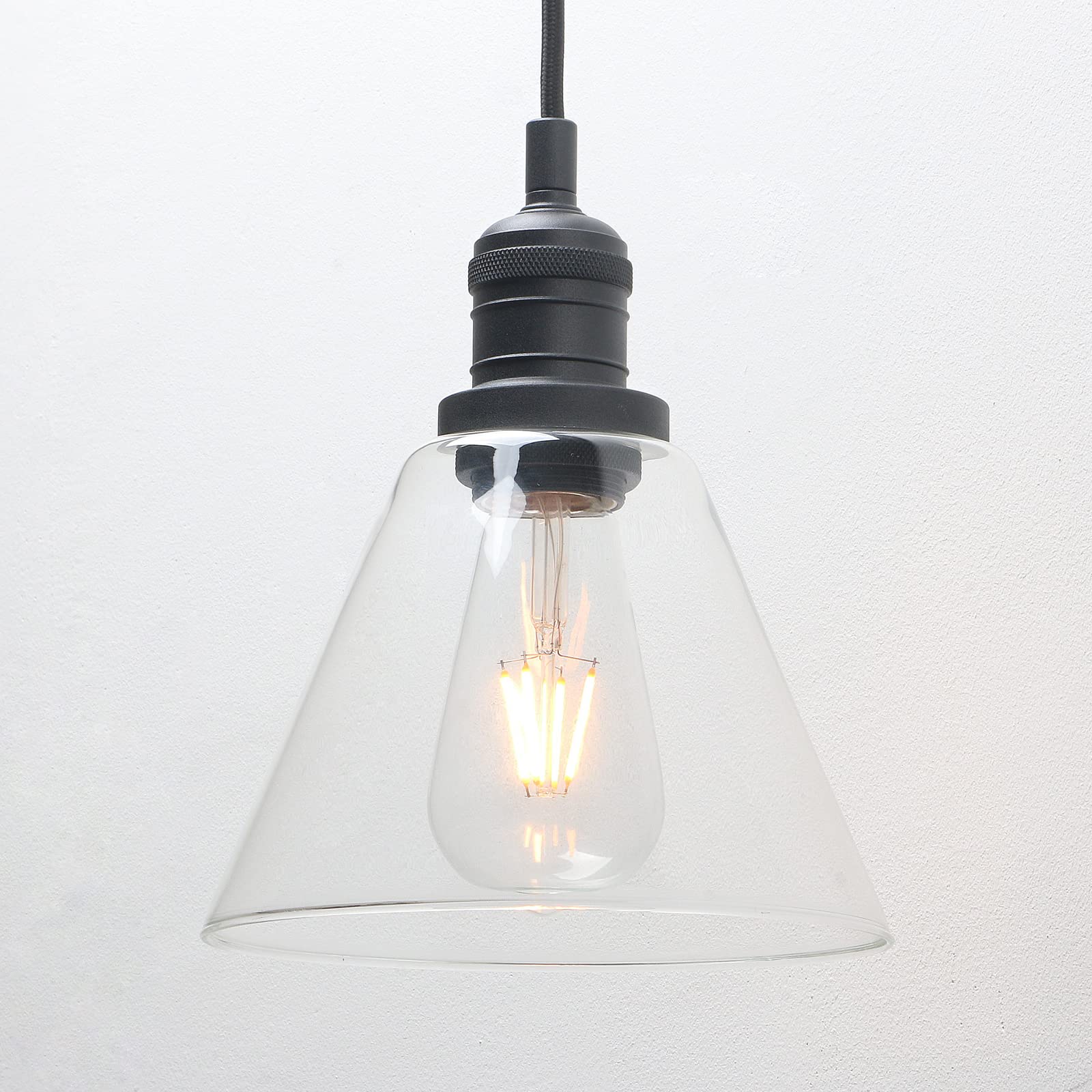Phansthy Industrial Vintage Pendant Light Funnel Clear Glass Lamp Shade Hanging Light Decorative Lighting Retro Ceiling Light for Living Room Hallway Kitchen Dining Room E27 (Black)