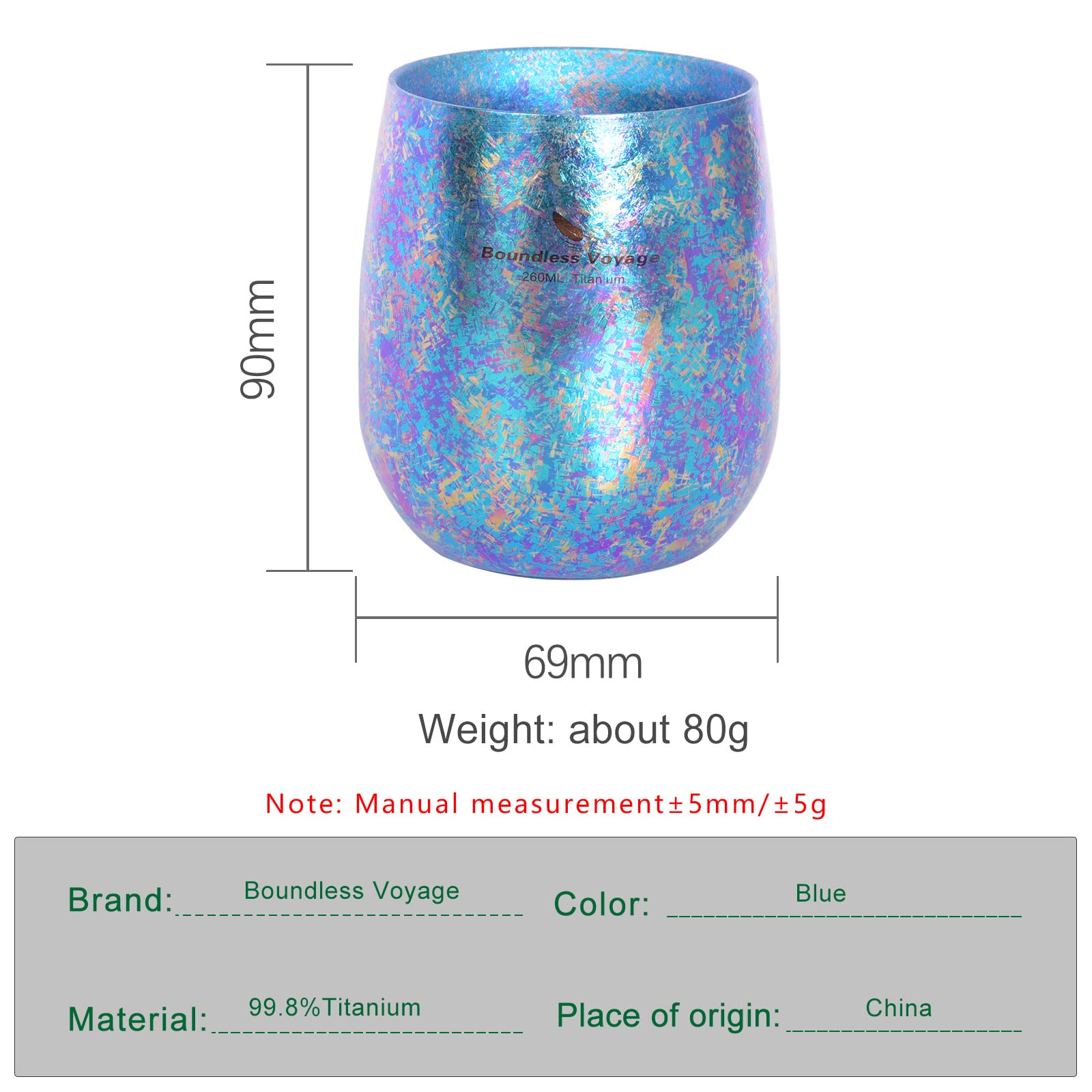 Boundless Voyage Ti3084D Ti3084D Tasse à eau en titane coloré à double couche anti-brûlure pour le thé, le vin, la bière, le jus de fruits Bleu
