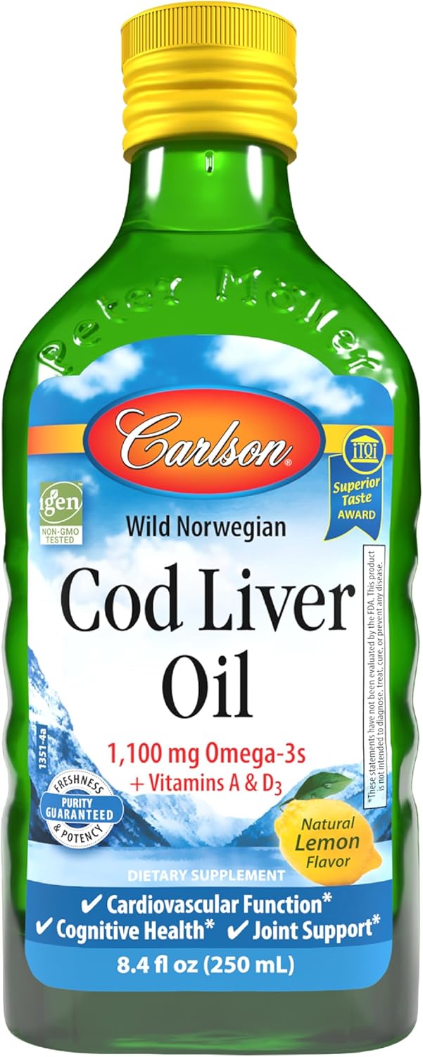 Carlson - Cod Liver Oil, 1100 mg Omega-3s, Liquid Fish Oil Supplement, Wild-Caught Norwegian Arctic, Sustainably Sourced Nordic Liquid, Lemon, 250 ml