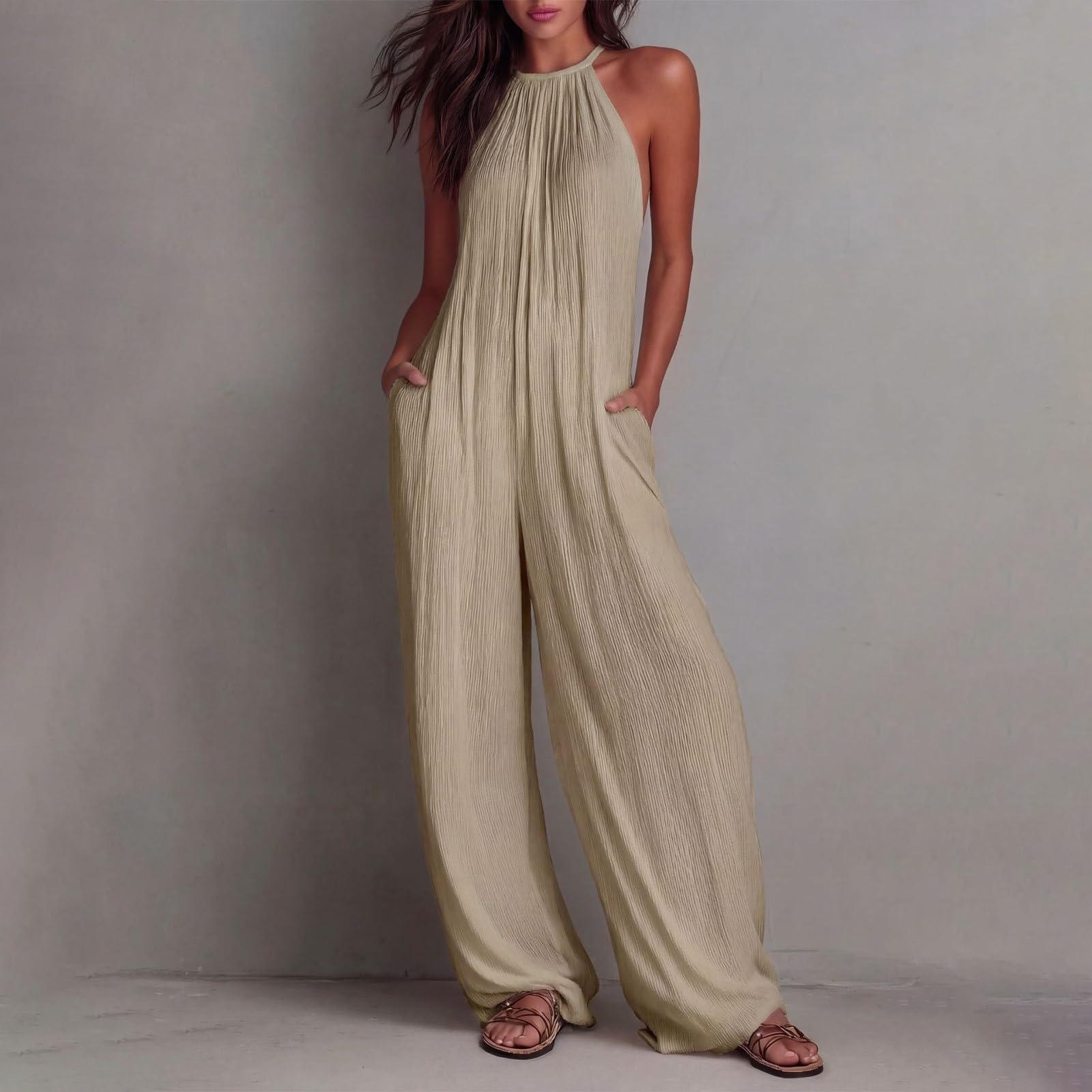 Tuta da donna elegante e festosa, con allacciatura al collo, schiena scoperta | Tuta intera a gamba larga con tasche, morbida e confortevole, casual, lunga, per le vacanze