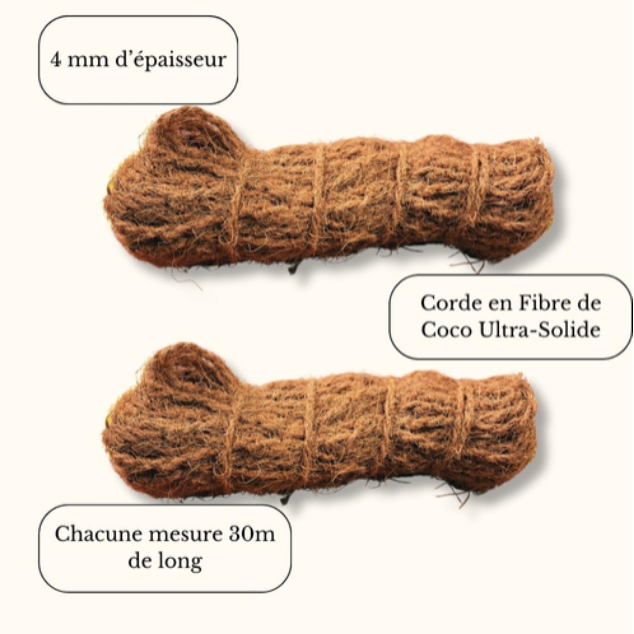 Lot de 2 Cordes en Fibre de Coco Naturelle 4 mm d'épaisseur x 30 mètres - Durable et Écologique, Idéal pour Jardinage, Artisanat, Décoration, Bricolage, Loisirs Créatifs - Cordon Naturel et Résistant.