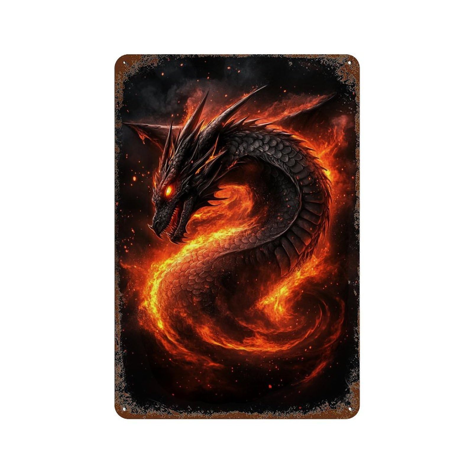 Retro Metal Sign with Fiery Dragon Artwork Design 11.8"x7.9", for Shed, Workshop And Garage Wall Decor, Old School Wall Decor