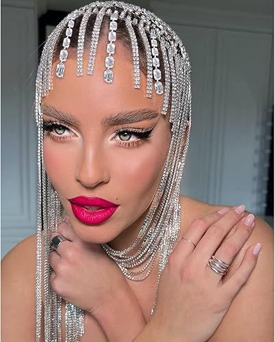 Miniatura 2 de STONEFANS Gorra larga con borlas y diamantes de imitación para mujer, diseño de Gatsby de los años 20, cadena de cristal, postizo de joyería,