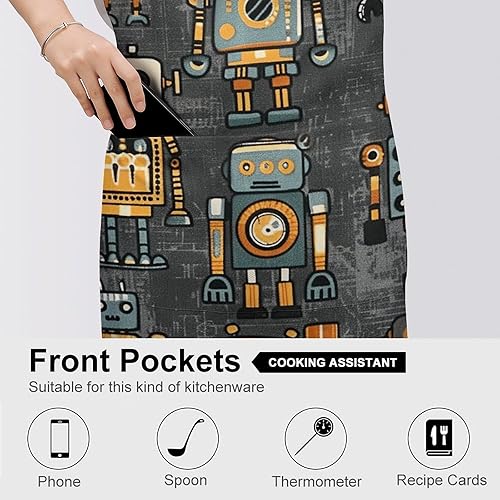 Miniatura 5 de MUSM Apron for Adults - 27.6 X 31.5 Inch, Heavy-Duty Polyester Aprons with Two Large Pockets, Waterproof Retro Style Robot Kitchen Apron for