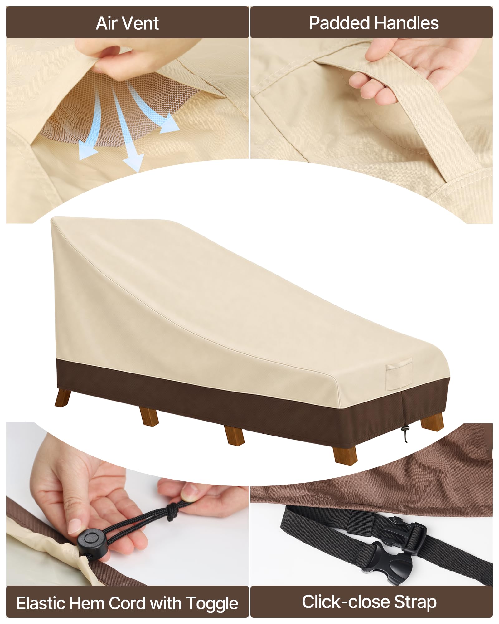 Vailge Copertura impermeabile per chaise longue da patio, 600D, resistente ai raggi UV, 2 pezzi, colore: beige e marrone