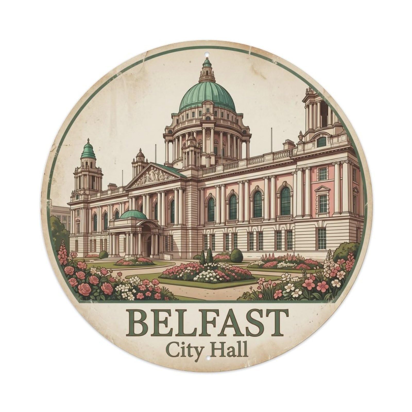 Fqcyn Style Vintage Travel Belfast City Hall 1 Metal Tin Sign Plaque Wall Decor For Cafe, Club Bar, Office, Home Garden Round Metal Poster 8X8inch