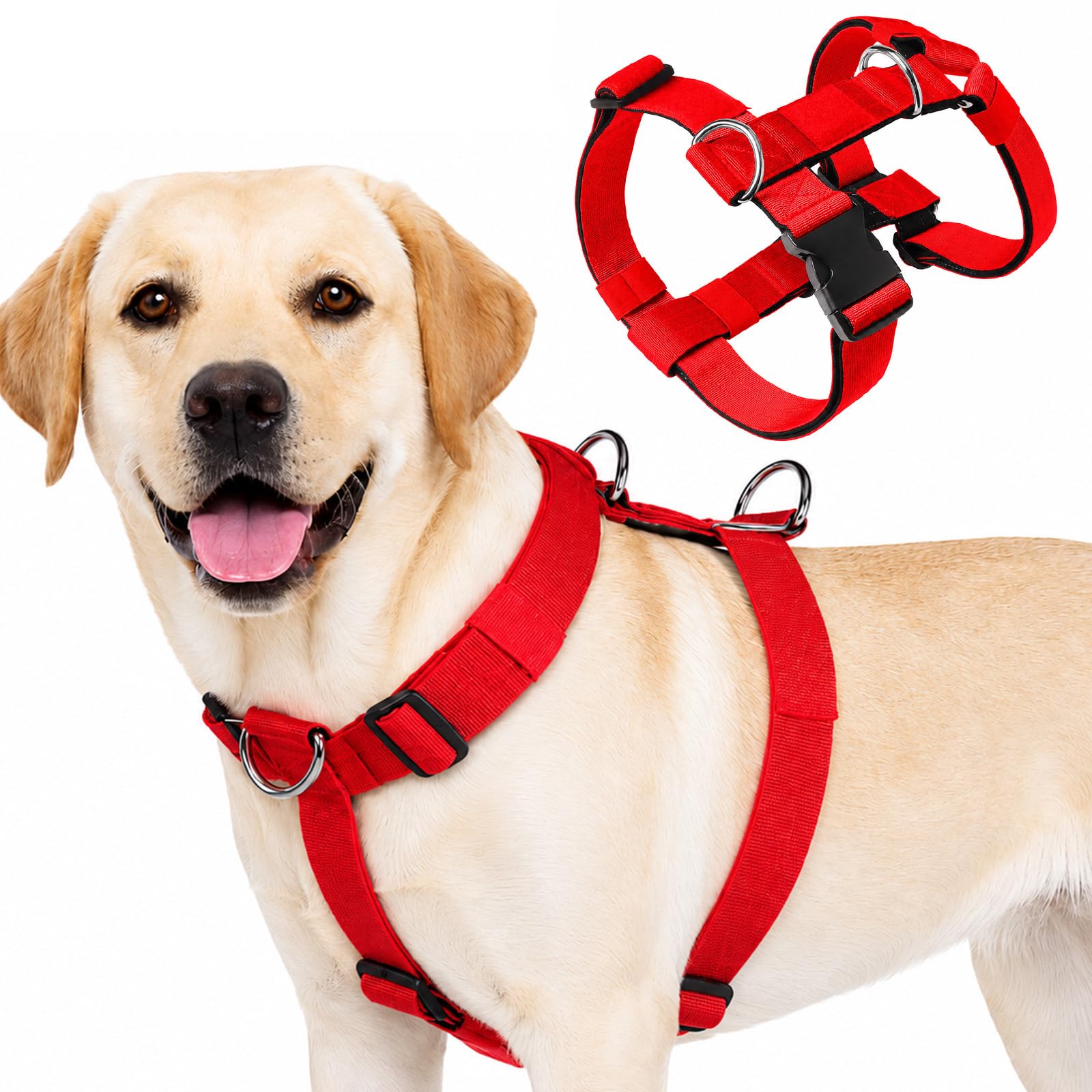No Pull Dog Harness, Heavy Duty Tactical Dog Harness, Adjustable Soft Padded Pet Vest Harnesses for Medium and Large Dogs Training Walking, Lightweight & Escape-Proof (Red, M)