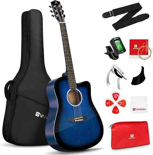 Vangoa Guitarra acústica, kit de guitarra acústica de tamaño completo de 41 pulgadas con funda acolchada, afinador, correa, púas, cejilla, cuerdas