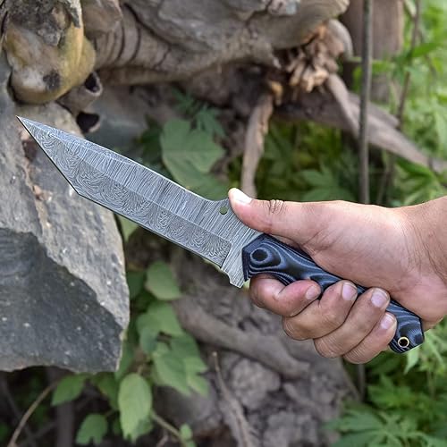 Miniatura 6 de Grace Knives Cuchillo de caza hecho a mano Tanto Cuchillo de hoja fija de acero de Damasco de 10.5 pulgadas EDC con funda de cuero G-509 (micarta