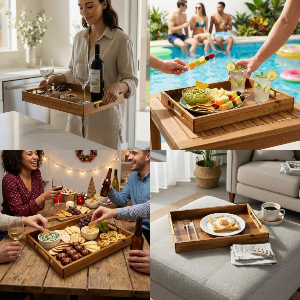 Juego de 3 bandejas decorativas para servir, madera de acacia + asas de acero dorado, mesa de café u bandeja otomana para desayuno en la cama, joyería y organización de decoración