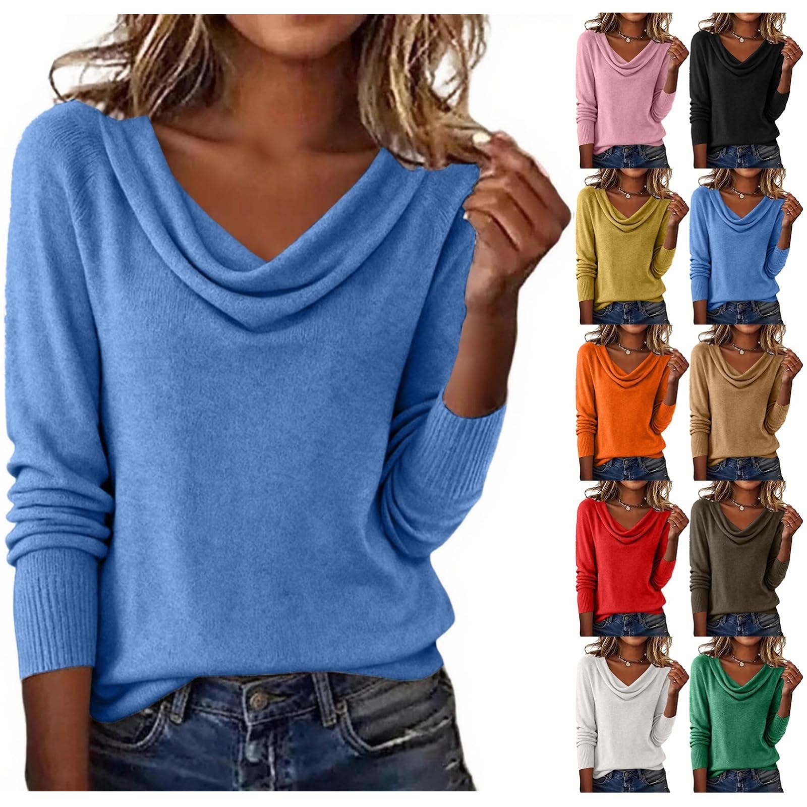 Womens Cowl Neck Sweater Trendy Long Sleeve Knit Pullover Lightweight Cozy Sweaters Fall Winter Fashion Clothes 2025