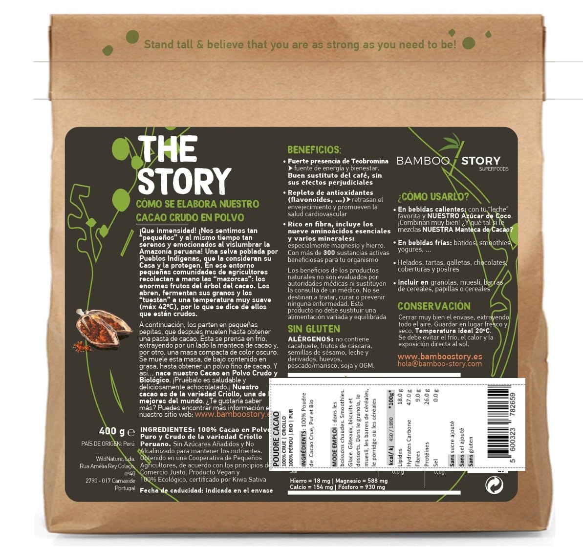 100% CRUE | NOUVEAU | Cacao Poudre | BAMBOO STORY | Biologique | 100% Pérou | Criollo Premium | Great Taste Award | Non Alcalinisé | 400g | Pur | Sans Sucre | Matières Grasses 18%