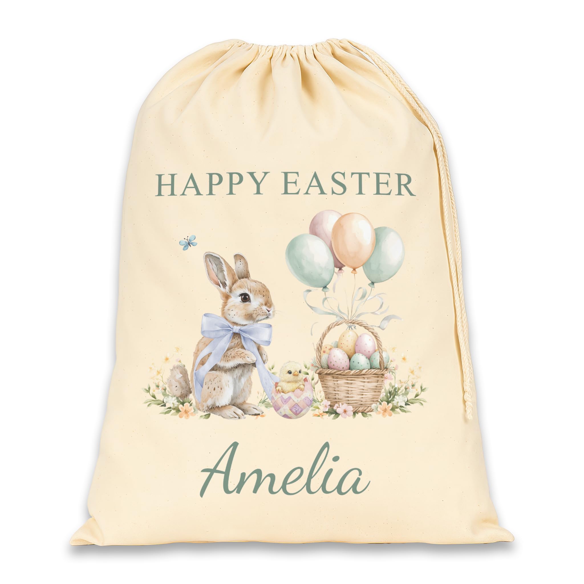 Chicken Craft Personalised Easter Sack - Custom Name Cotton Easter Gift Bag - Easter Egg Hunt Bag for Kids - Bunny & Balloons Design (Happy Easter, Green)