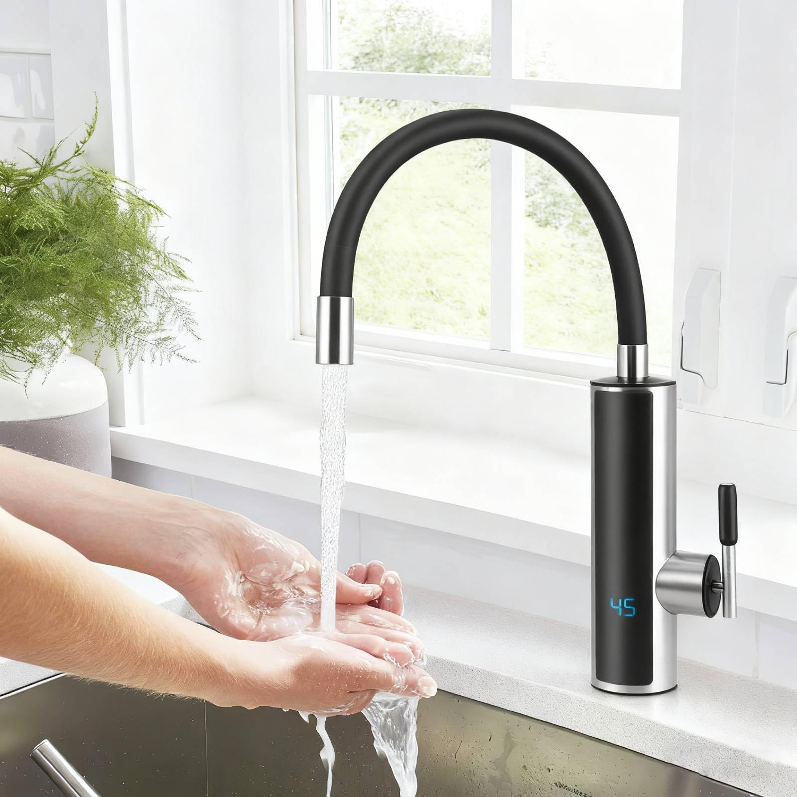 Calentador de agua para cocina, grifo eléctrico de 3000 W, grifo de manguera de silicona giratorio 360º, grifo de calefacción rápida, grifo de cocina caliente instantáneo con pantalla LCD de