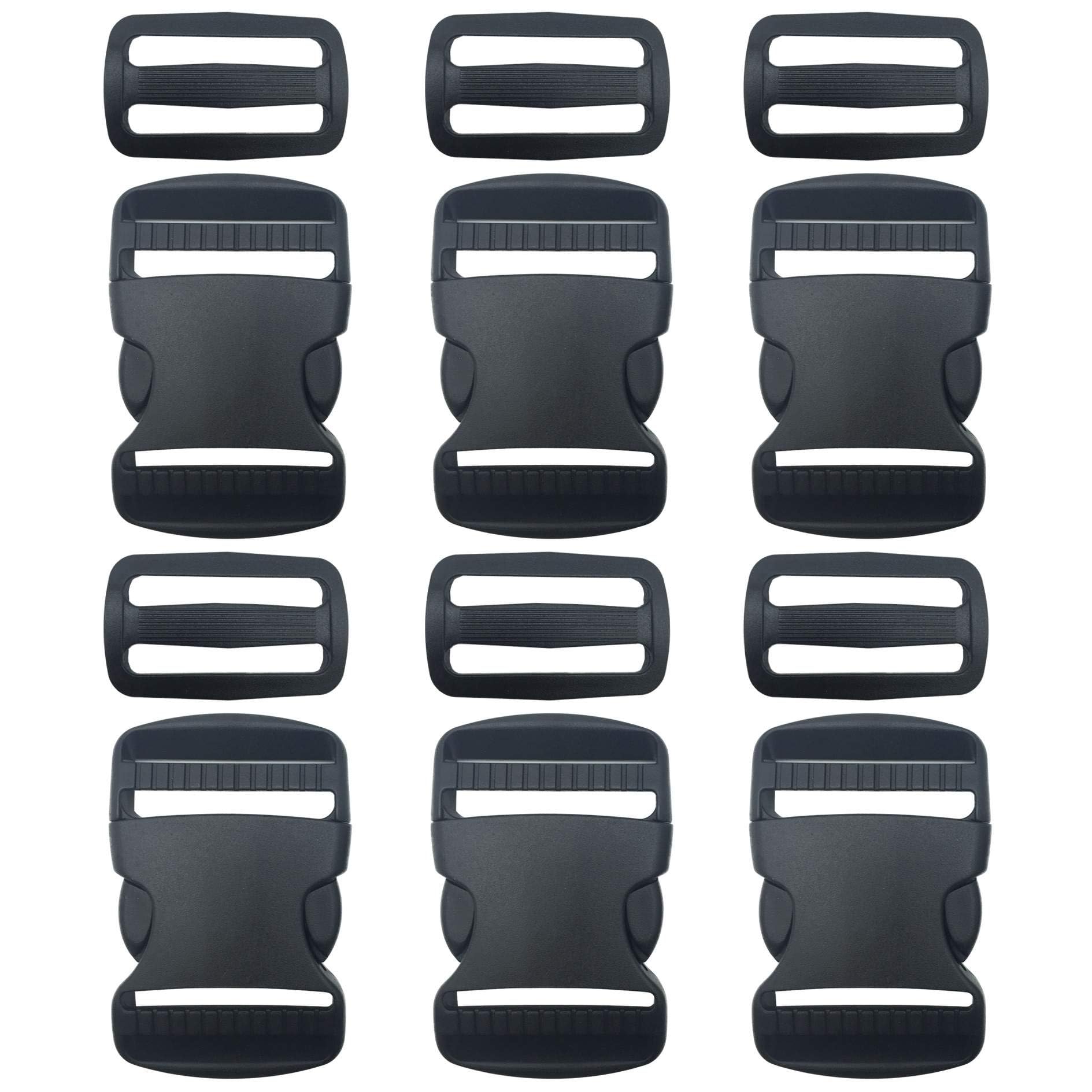 EesTeck 6 Set 1.5 Inch Flat Dual Adjustable Plastic Quick Side Release Plastic Buckles and Tri-glide Slides for Luggage Straps Pet Collar Backpack