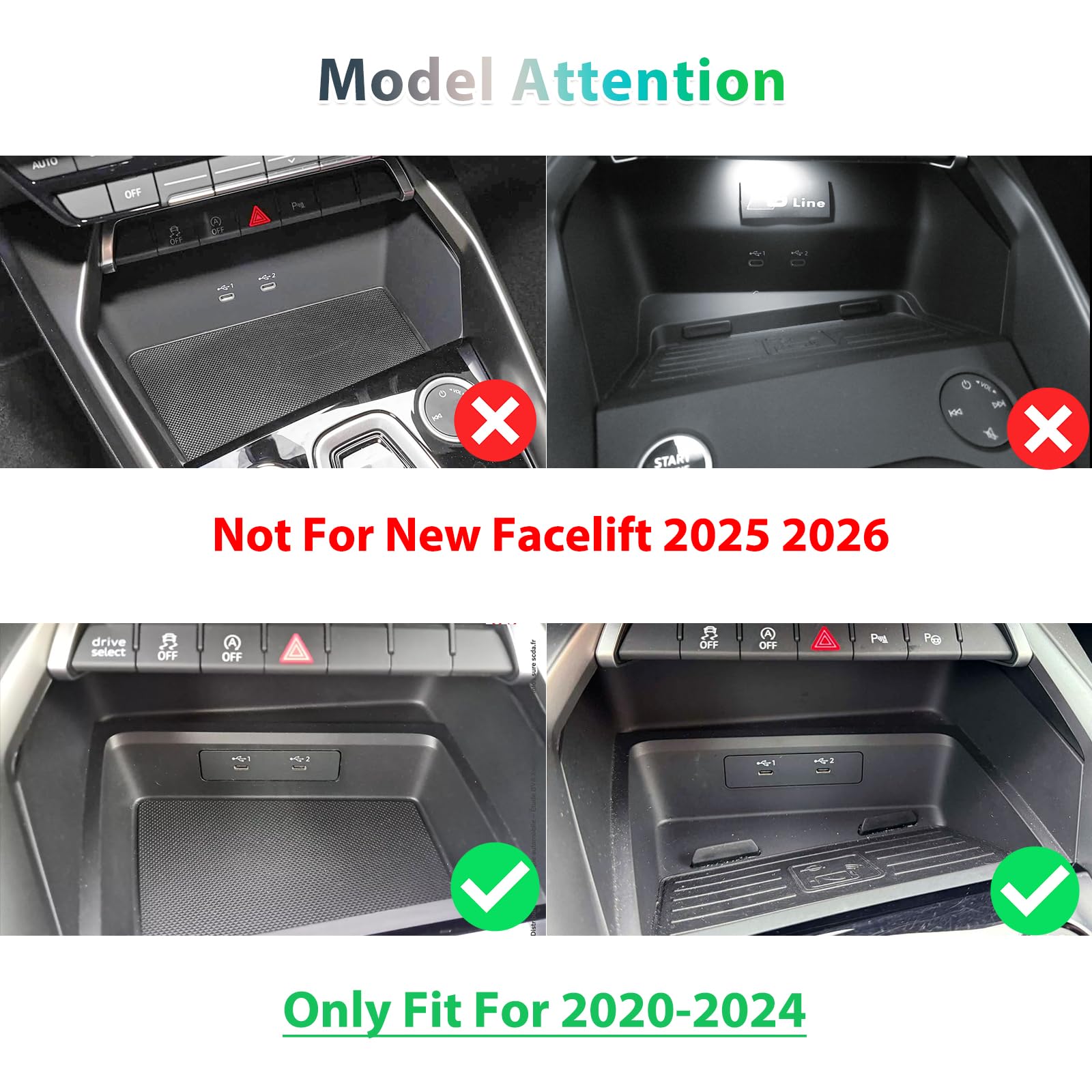 GAFAT Kompatibel mit Audi A3 8Y Sportback 2020-2023 2024 Mittelkonsole Aufbewahrungsbox, A3 Sportback Ablagen Organizer Tray Handschuhfach Unten die Mittelkonsole, A3 8Y Zubehör