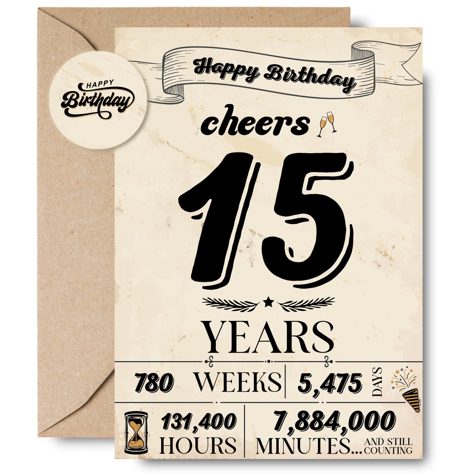 Wonkali 15th Birthday Gifts for Boys, Girls, Vintage Happy 15th Birthday Greeting Card Decorations for 15 Year Old Boy