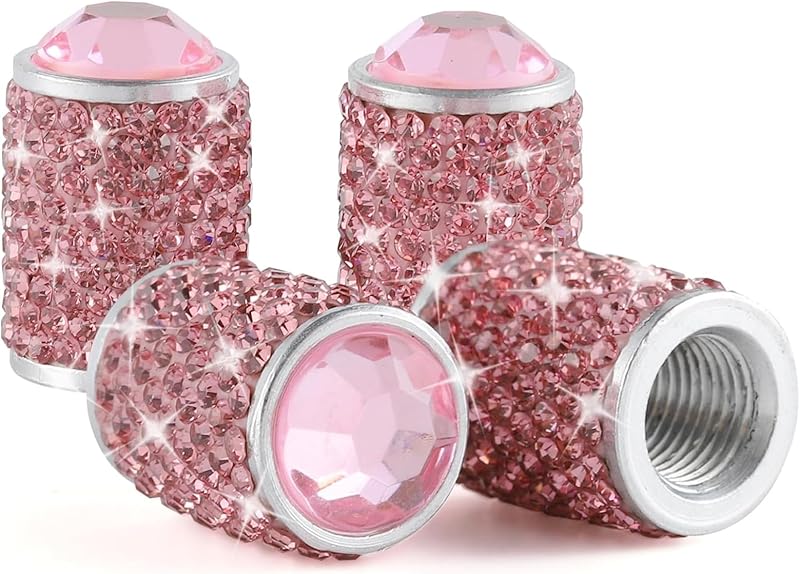 Alpmosn Tapas de válvulas de neumáticos para ruedas de auto, 4 tapas de válvulas de neumáticos brillantes, tapas de neumáticos de cristal con diamantes de imitación brillantes para mujeres, tapas de válvulas de neumáticos universales a prueba de polvo para autos, camiones, SUV y motocicletas (rosa)