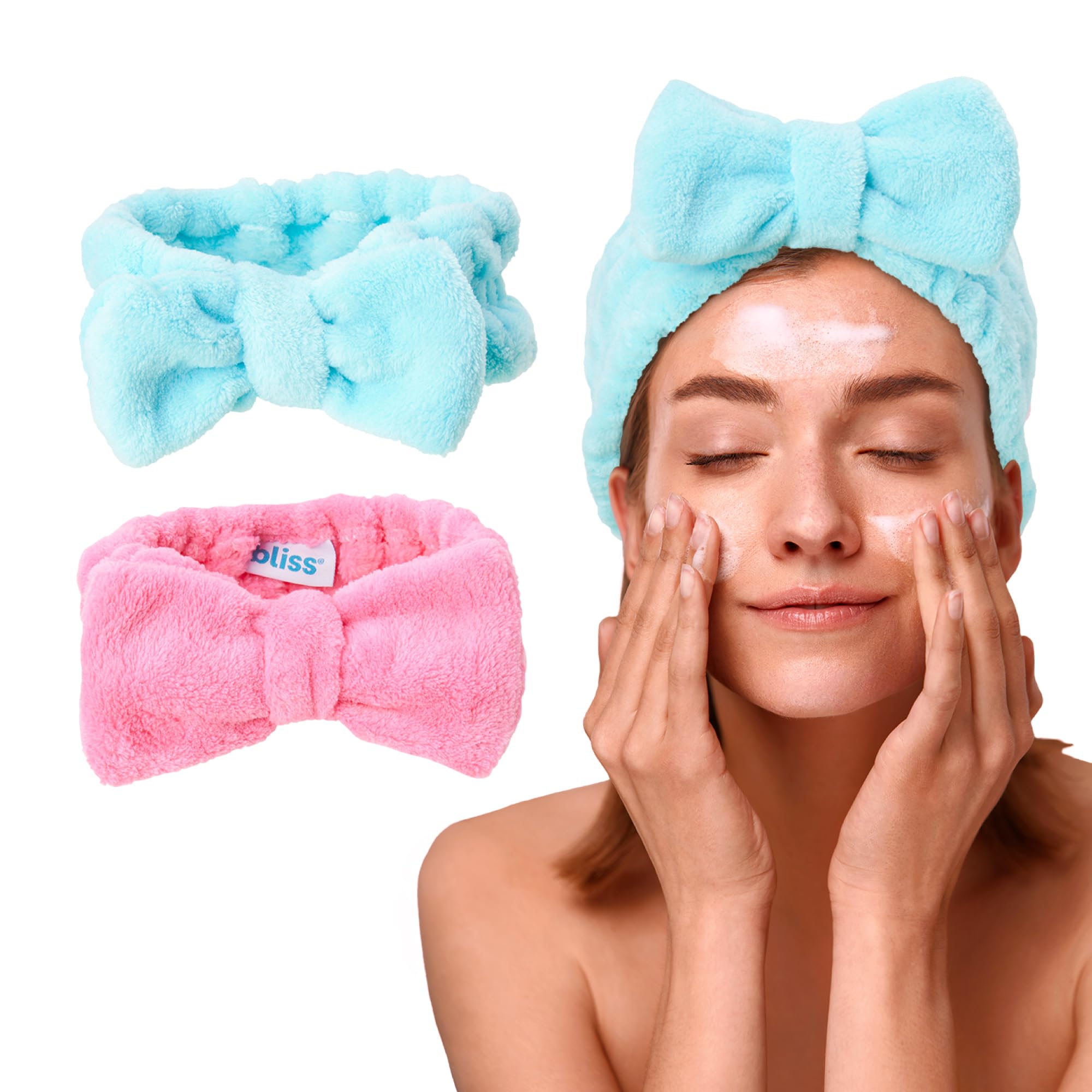 Bliss Women's Spa Headband - 2 Pack Microfiber Towel for Washing Face, Skin Care, Makeup and Messy Hair - Preppy Stuff Shower Accessories with Elastic Band and Hair Bow