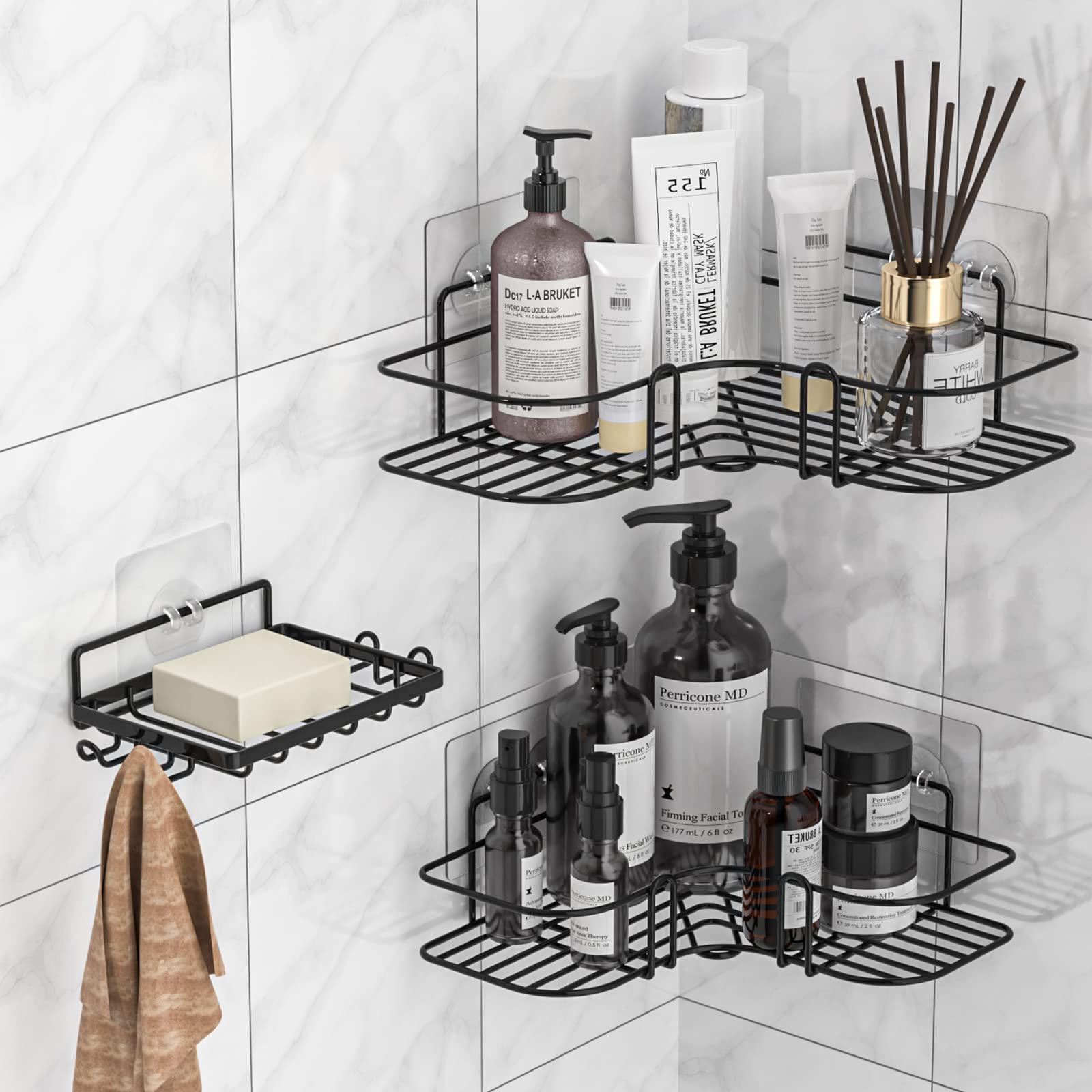 Imurz Black Corner Shower Caddy, 3 Pack Bathroom Shelves With Soap Razor Holder, No Drilling Shower Shelf, Adhesive Shower Storage Rack,