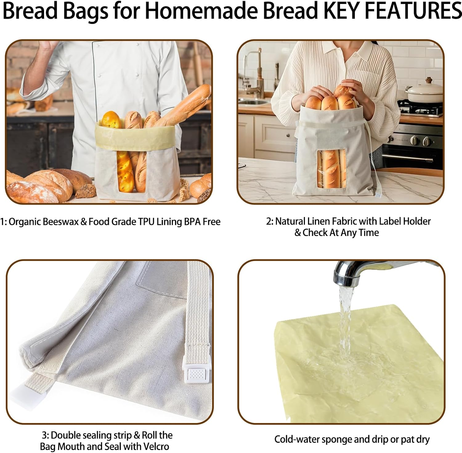 Bread Bags for Homemade Bread Reusable Sourdough Bag - 2 Pack Thicker Organic Beeswax Cotton Storage Bag with Window image 3