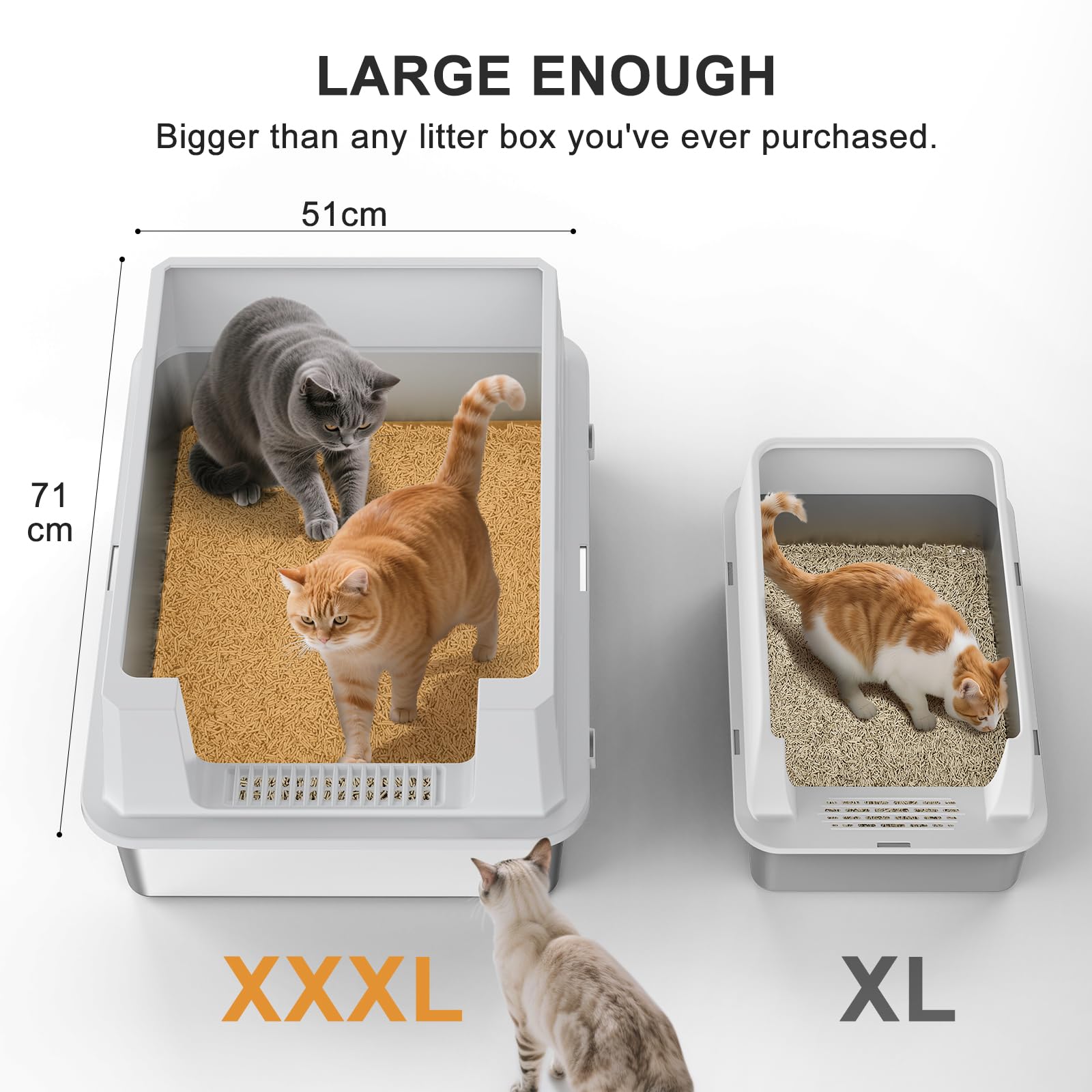 MIXJOY XXXL Katzenklo Edelstahl, Katzenklo Extra Groß 71x51x30 cm, Offene Katzentoilette Edelstahl Passend für Große Katzenrassen und Mehrkathenhaushalte, Großformatige Hochrand-Ausführung