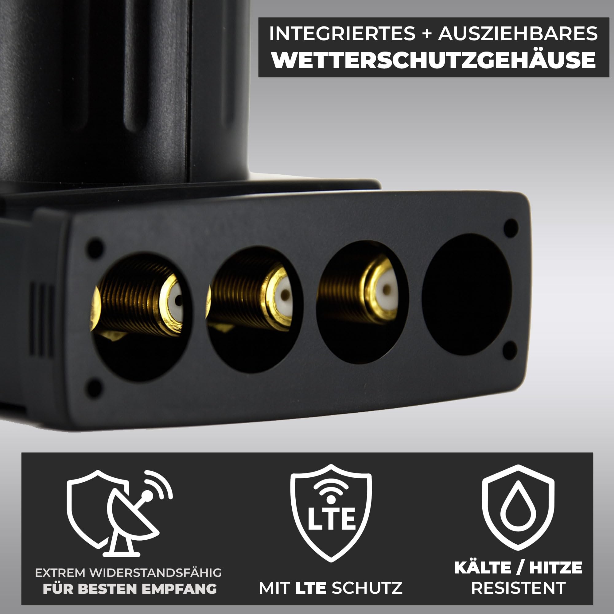 Premium X Quad LNB – 4 scomparti – estremamente resistente al calore – per 4 partecipanti – 4K Full HD – con protezione dalle intemperie per parabola satellitare satellitare – nero – con 8 connettori