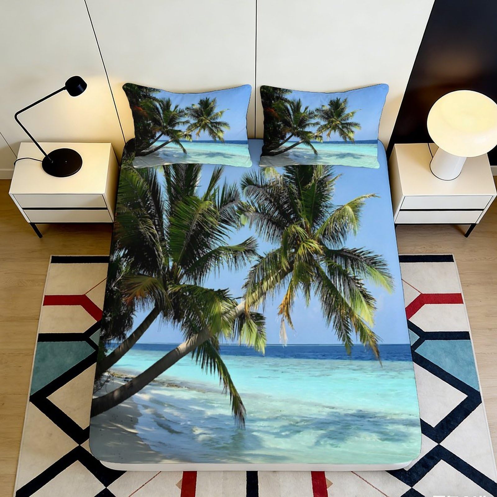3D Printed Tropical Beach Fitted Sheet Microfiber Soft Breathable Palm Tree Mattress Cover for Bedroom Decor 140x200x25cm