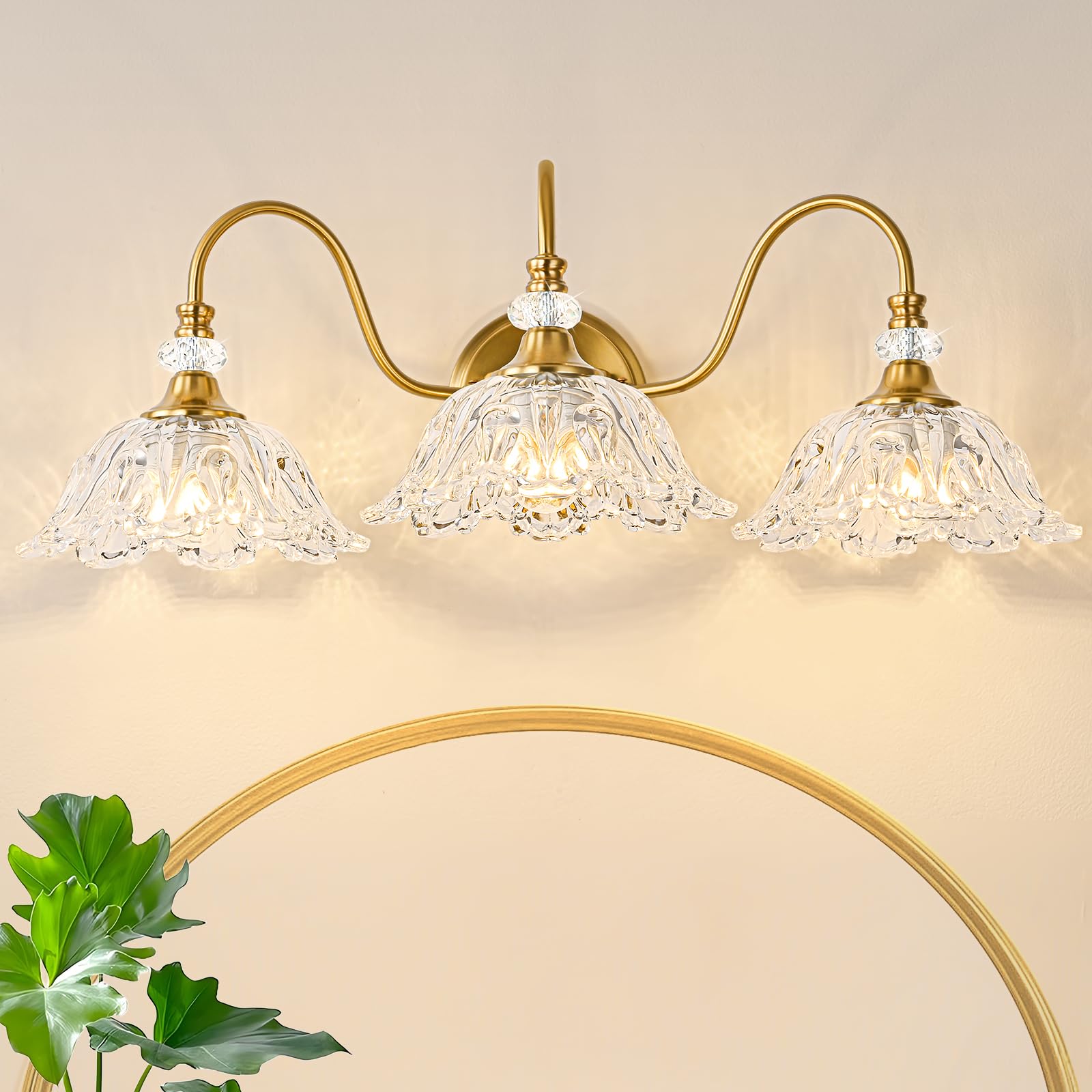 Photo 1 of sunkryster Gold Bathroom Vanity Light, 3-Light Brushed Gold Finish Vanity Light with Floral Clear Glass Shades, Retro Wall Mount Lighting for Bathroom, Dressing Table