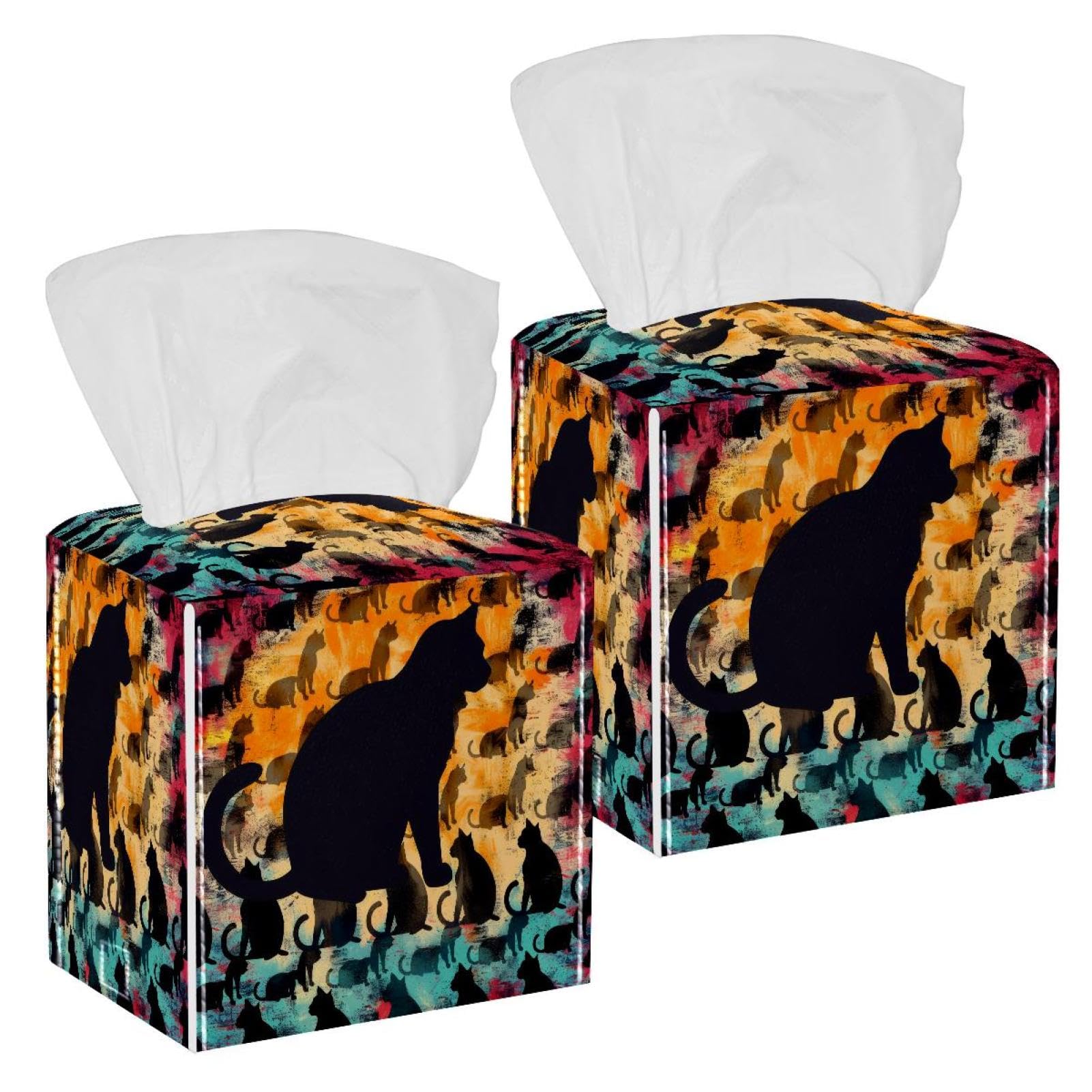 Cat Silhouette Tissue Box Cover, 2 Pack PU Leather Square Facial Tissue Dispenser Box holder for Home Office Car