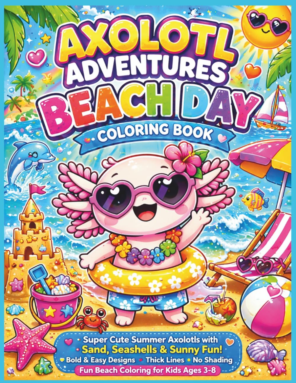 Axolotl Adventures: Beach Day Coloring Book: Super Cute Summer Axolotls with Sand, Seashells & Sunny Fun! Bold & Easy Designs • Thick Lines • No ... 8.5 x 11 (Axolotl Adventures Coloring Books)