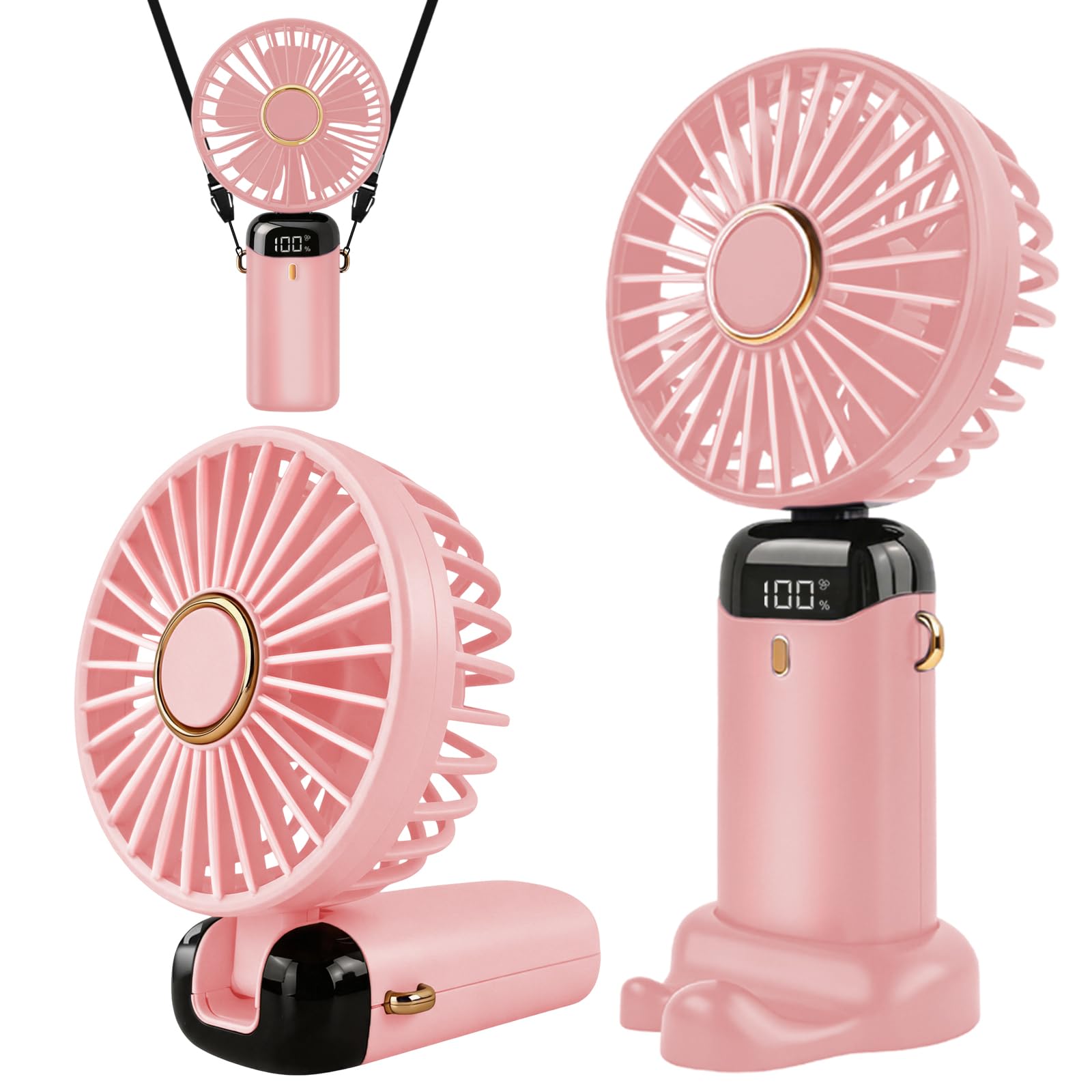 Jsdoin Hand Held Fan,Portable Handheld USB Rechargeable Fans with 5 Speeds,Battery Operated Mini Fan Foldable Desk Desktop Fans with LED Display for Home Office Bedroom Outdoor Travel (Pink)
