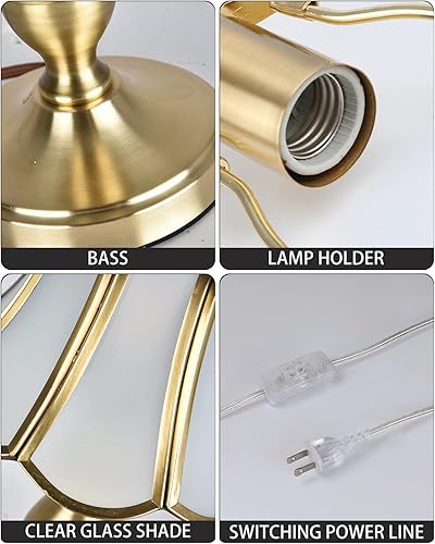 Miniatura 3 de Lámparas de escritorio retro, base con acabado de latón pulido con pantalla de vidrio esmerilado, pequeña lámpara de mesa para dormitorio, mesita de