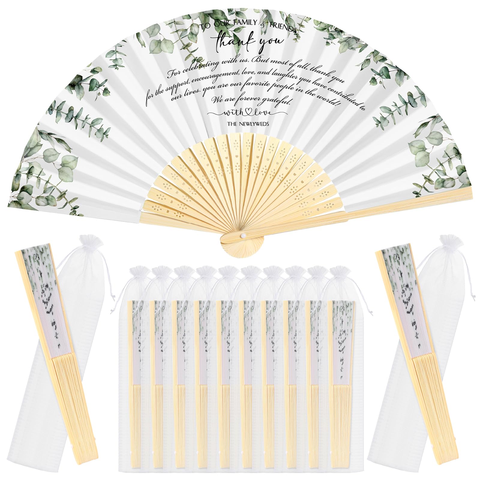 30 Pcs Silk Fabric Folding Fans Bulk for Wedding Guests Thank You Bamboo Folded Hand Fan for Bridal Shower Decoration Favor Vintage Handheld Fans Souvenirs with Organza Bag (Greenery, Green)