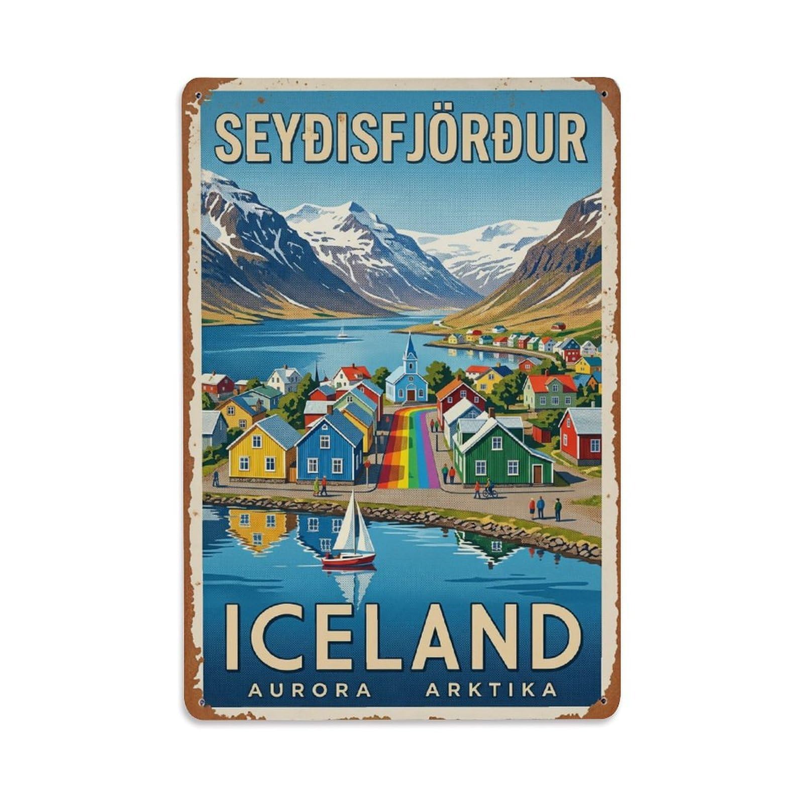 Fyrn Style Metal Tin Sign Vintage Travel Seydisfjordur Iceland Village