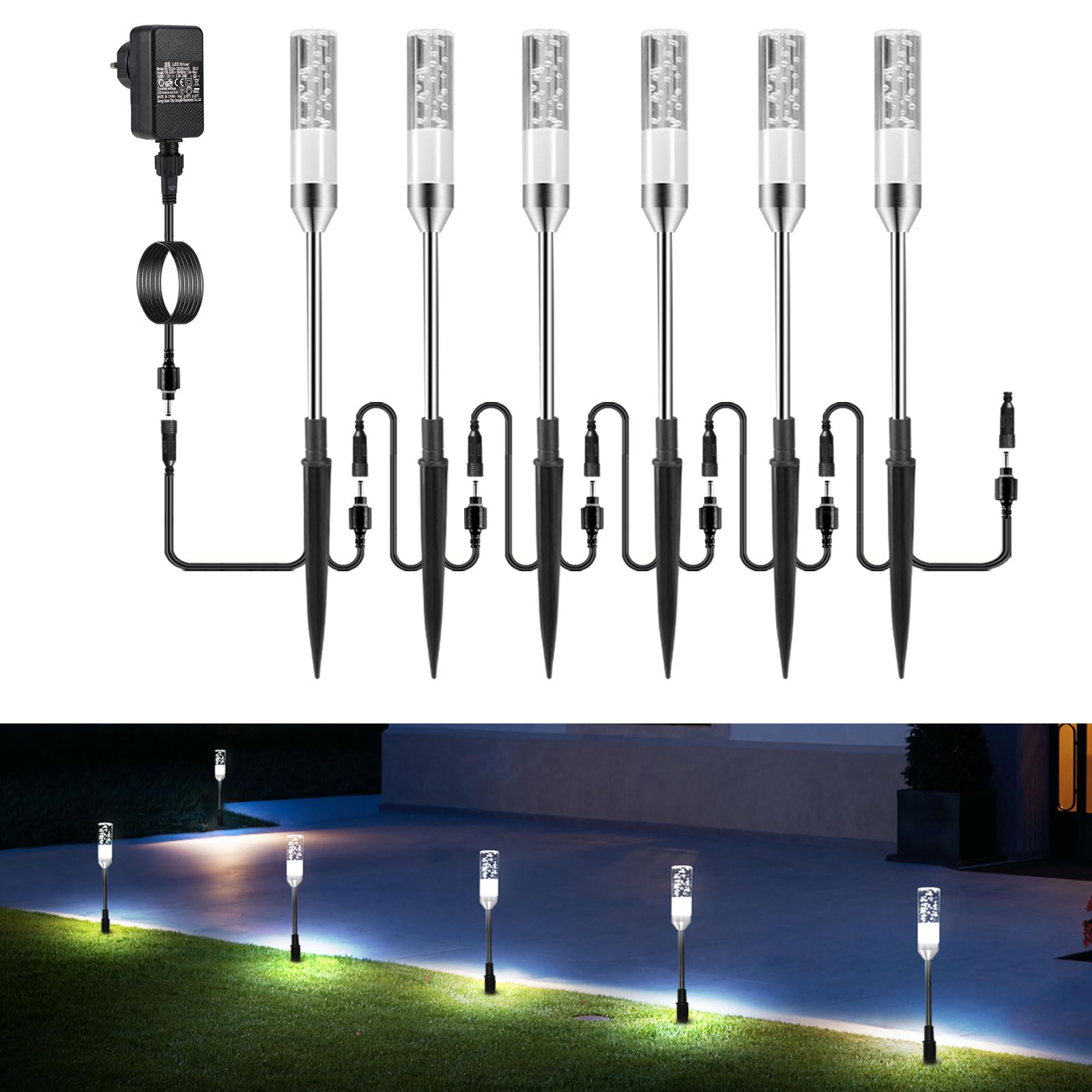 B-right Oświetlenie ogrodowe, 6-częściowy zestaw lamp ogrodowych z kolcami do wbijania w ziemię, lampa zewnętrzna z wtyczką, lampa ścieżkowa do ogrodu z kablem, zimna biel, 360 lm, 6000 K, IP65