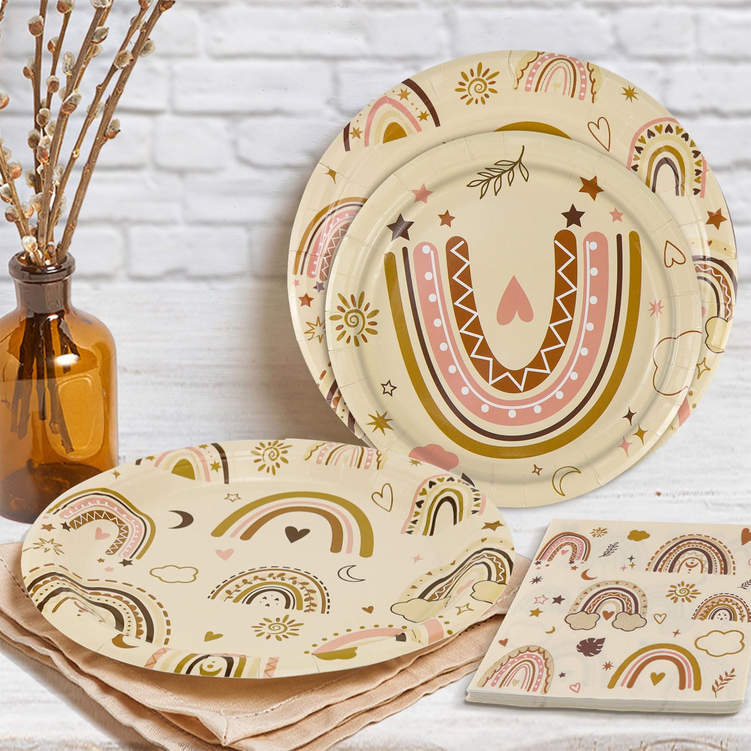125-teiliges Boho Babyparty-Geschirr-Set – Regenbogen-Muster, Für 25 Gäste, Inkl. Teller, Becher, Servietten & Strohhalme