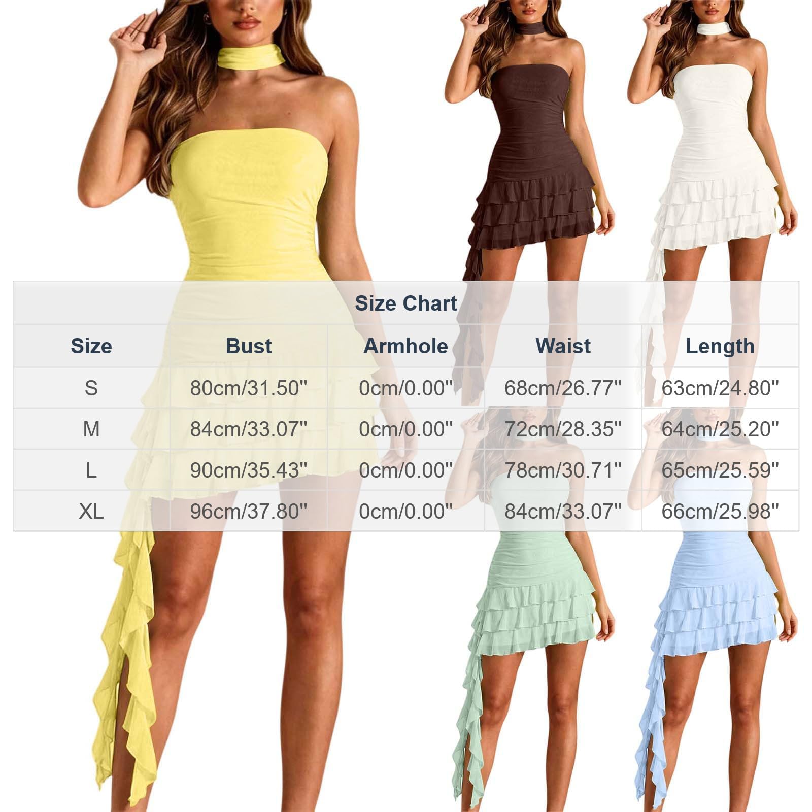 Mini Robe Bustier sans Bretelles Plis Volants étagés détail Bandeau Cou et Panneau asymétrique Fluide ajustée pour soirées et Looks Tendance
