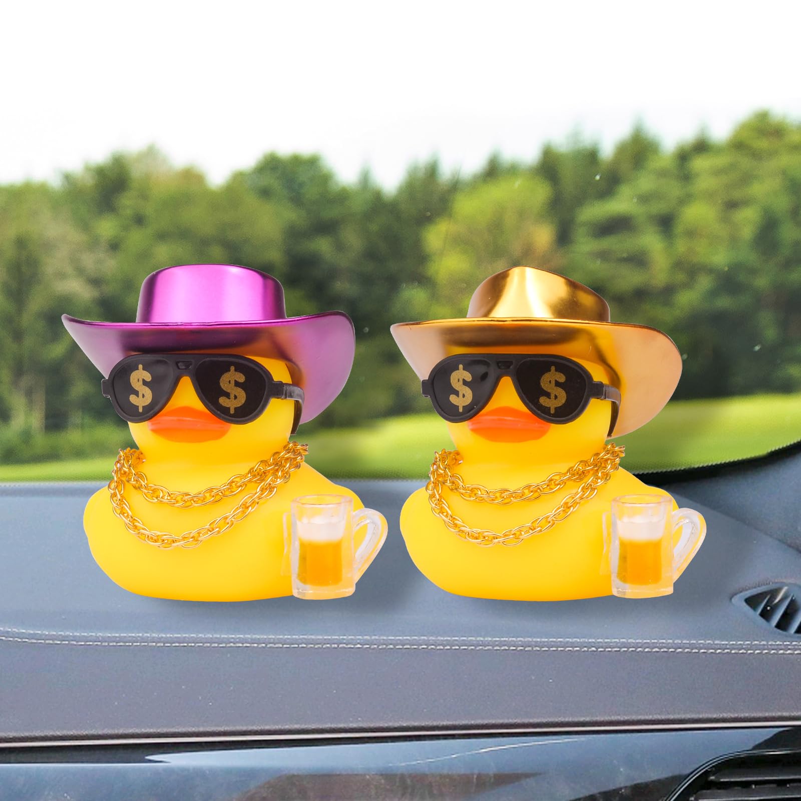 CoFuBcad Rubber Duck Dashboard Decoration, Car Yellow Funny Duck Decor with Cowboy Hat Necklace Sunglasses Mini Prop Instrument for Cool car Accessories