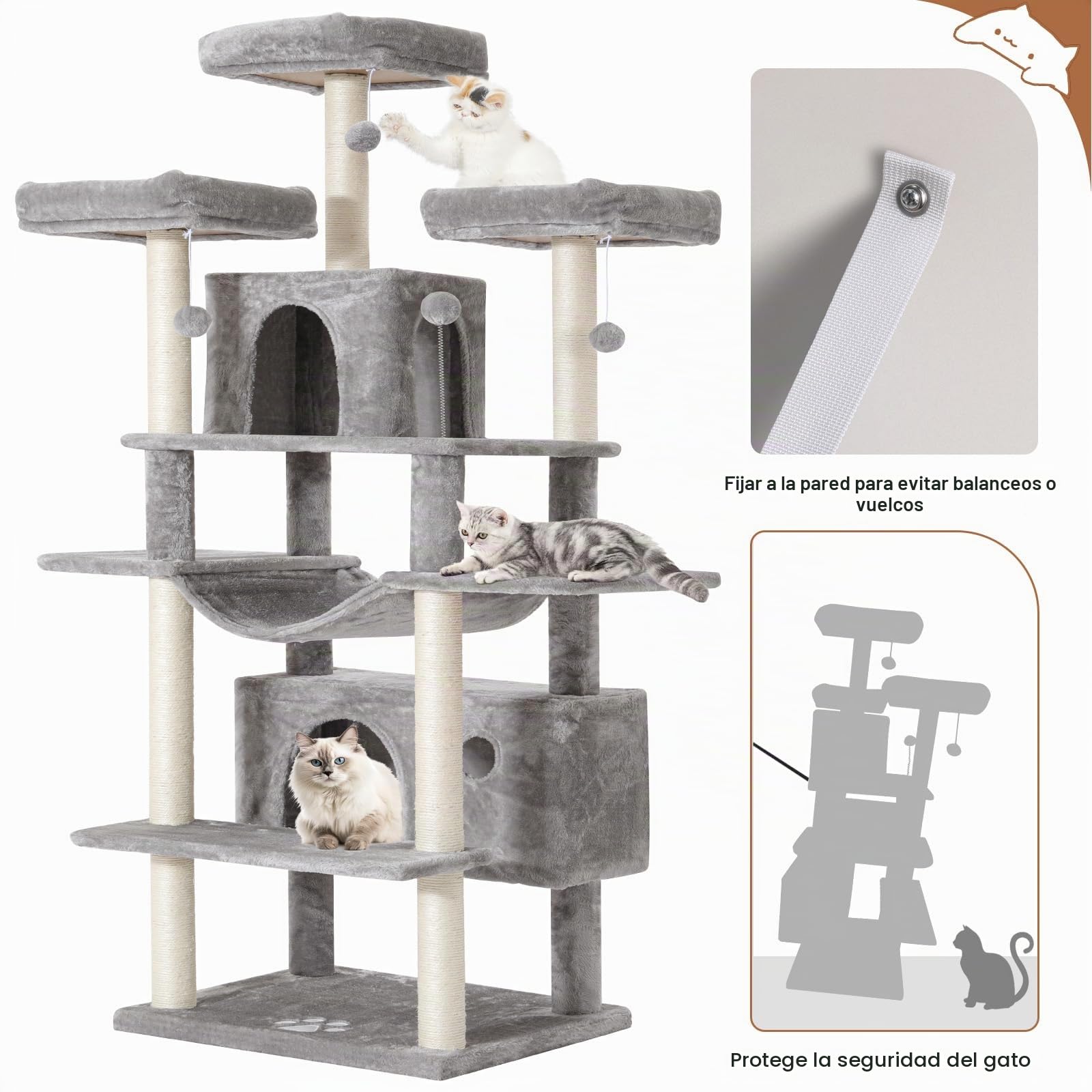 MSmask Rascador grande XXL, 175 cm, estable con 3 plataformas de observación, para gatos grandes, columna rascador con sisal, gris claro