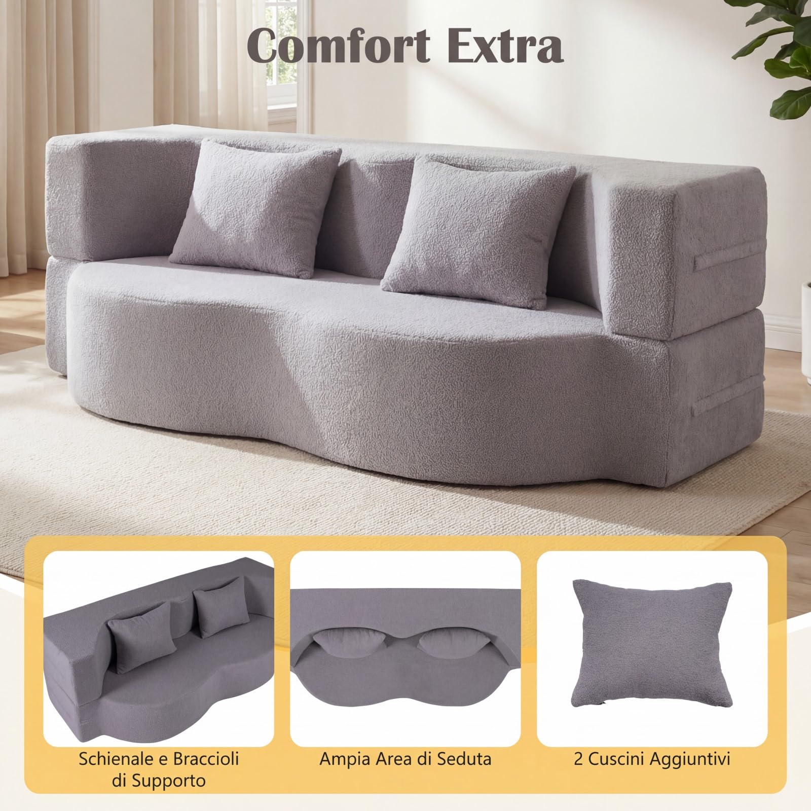 COSTWAY 2 in 1 Divano Letto Pieghevole, Divano a 2 Posti in Pile Teddy con 2 Cuscini Comodi, Nessun Montaggio, Divanetto Convertible Moderno per Soggiorno Camera Ospiti, 192,5x84x62 cm (Grigio)