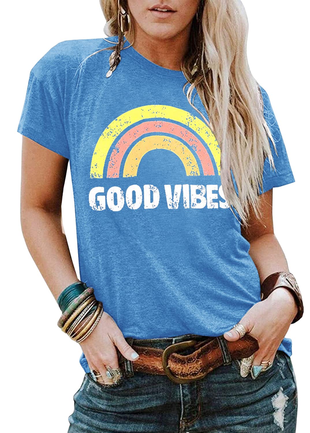 Womens Summer T Shirts Short Sleeve Graphic Tees Rainbow Funny Letter Print Casual Loose Cute Tops