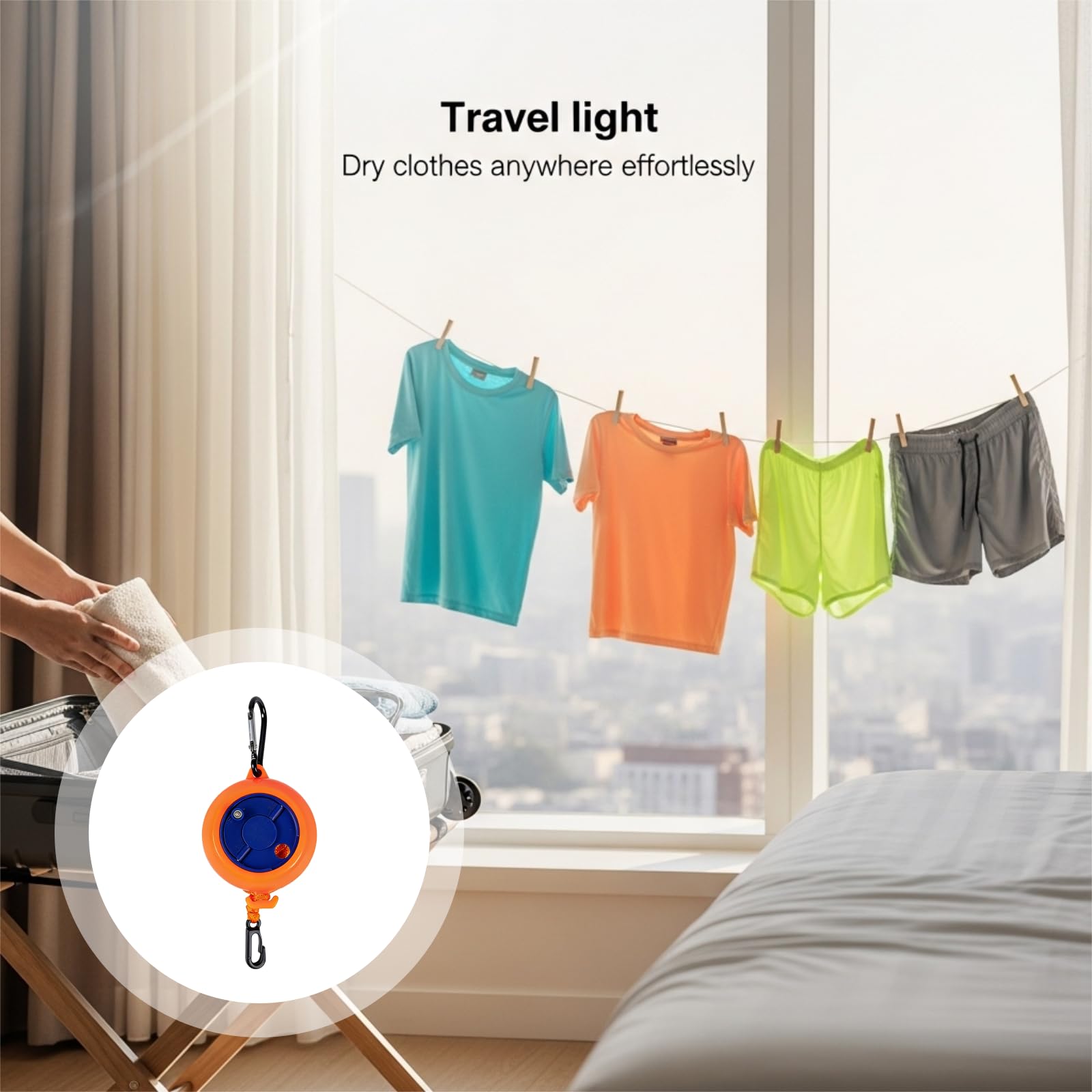 Corde à Linge de Voyage Portable pour vêtements, kit de séchage rétractable avec manivelle, Ensemble Orange pour Camping, 10 Boucles, 20 Pinces et Sac de Rangement, Lot de 3, 32,8 ft / 10 m