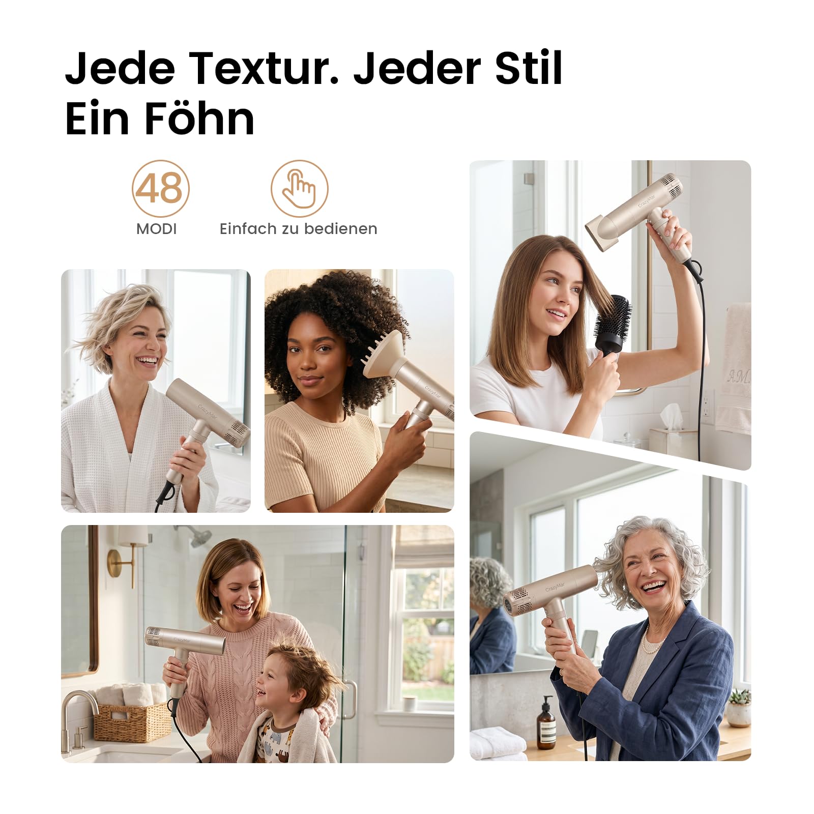 CrazyMar Haartrockner mit Diffusor, 8X Schnelleres Föhn Ionen, 110,000RPM Bürstenloser Motor Haarfön, Fön mit 48 Modi, LED Anzeige, für Professioneller Salon, Zuhause, Reisen