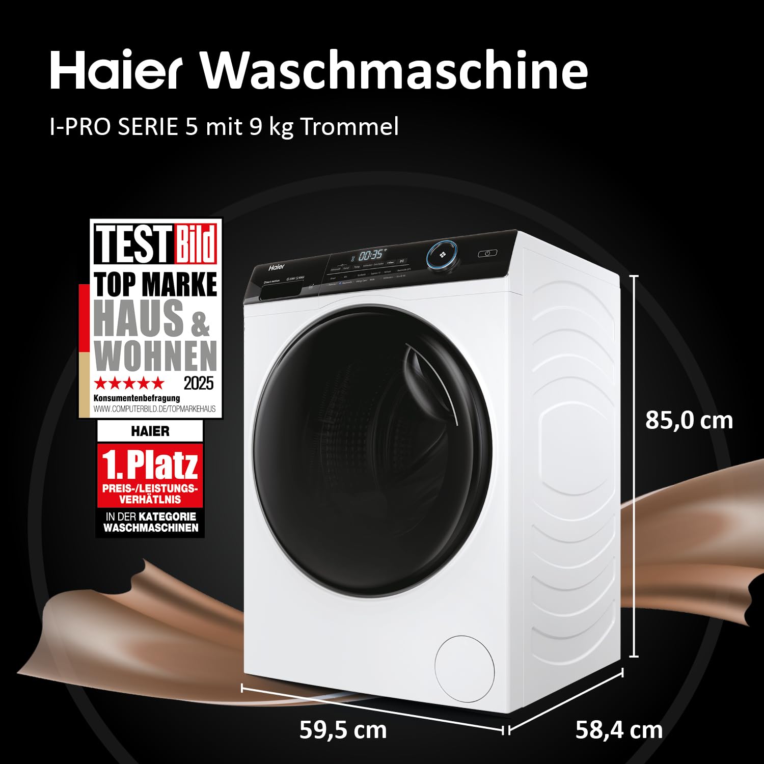 Haier Frontlader Waschmaschine 9kg I-PRO Serie 5 HW90-B14959U1 | Mit A-Effizienz, 1.400 U/Min. & leisem Direktantrieb, Per App steuerbar, Inkl. Schontrommel & Refresh-Programm