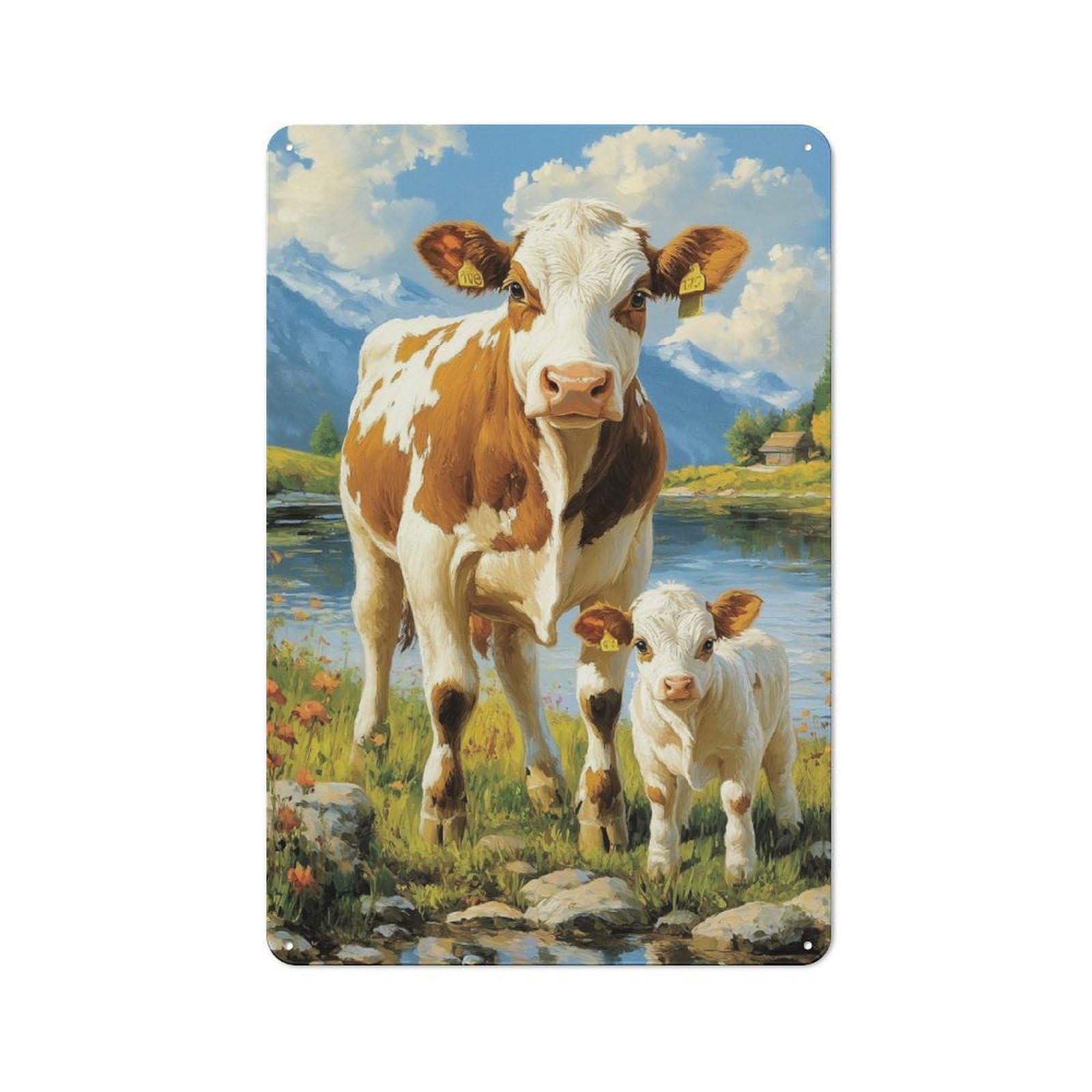 Junmoney Cow And Calf By The River For Café Or Restaurant, Vintage Metal Sign 30X20cm, For Vintage Wall Decor Fans, For Cafés, Pubs And Restaurants