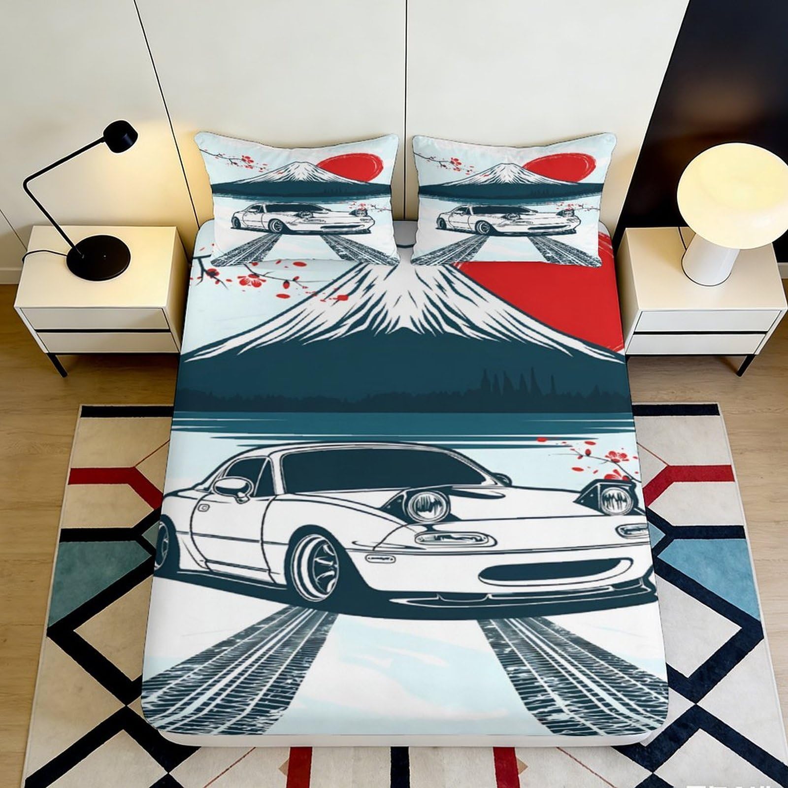 3D Printed Japanese Sports Car Fitted Sheet Microfiber Non-Slip Mount Fuji Bed Cover for Bedroom Dorm Decor 120x200cm 200x200x25cm